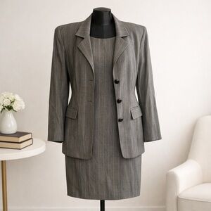 Qudra Gray Pinstripe Jacket & Dress Suit Set Career Office Outfit